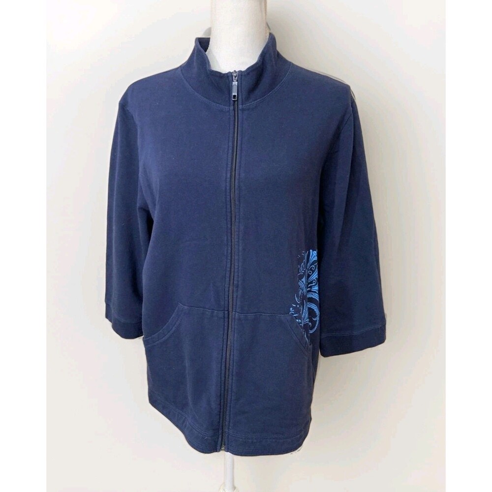 Soma Jacket Womens XL Blue Floral Terry Zip 3/4 Sleeve Lightweight Casual Lounge